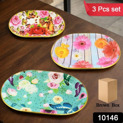 Plastic Flower Printed Design Serving Tray (3 Pcs Set  Mix Color) - Zidbik