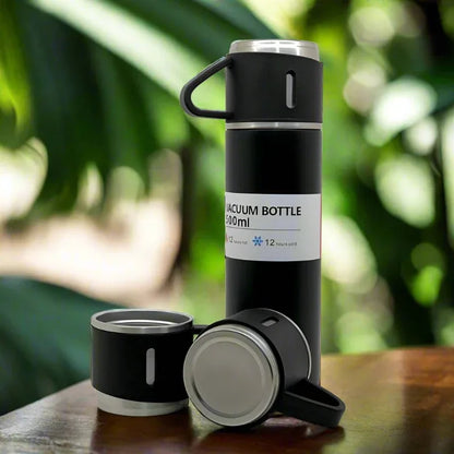 Stainless Steel Vacuum Flask Set With 3 Steel Cups Combo For Coffee Hot Drink And Cold Water Flask Ideal Gifting Travel Friendly Latest Flask Bottle. (500ml) - Zidbik