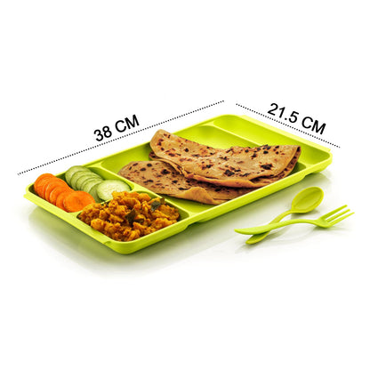 2037 4compartment Dish With Spoon And Fork(1 Dish Set With 1spoon And 1fork) Dinner Plate Plastic Compartment Plate Pav Bhaji Plate 4-compartments Divided Plastic Food Plate. - Zidbik