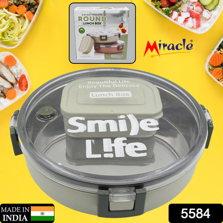 5584 Miracle Stainless Steel Round Lunch Box with Leak-Proof Lid & Plastic Insert – 450ML + 250ML - Zidbik