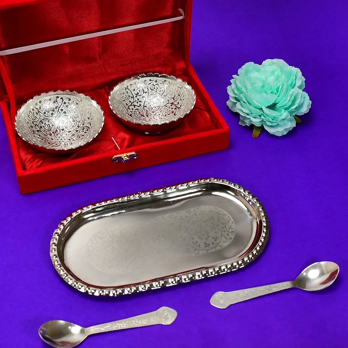 2947a Silver Plated 2 Bowl 2 Spoon Tray Set Brass With Red Velvet Gift Box Serving Dry Fruits Desserts Gift - Zidbik