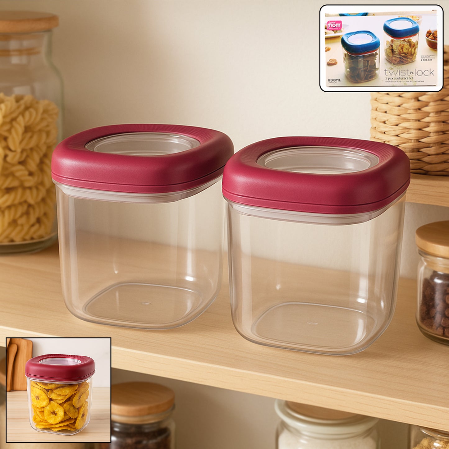 Transparent Twist Lock Kitchen Storage Container Set (Approx 800ml  2pc) - Zidbik