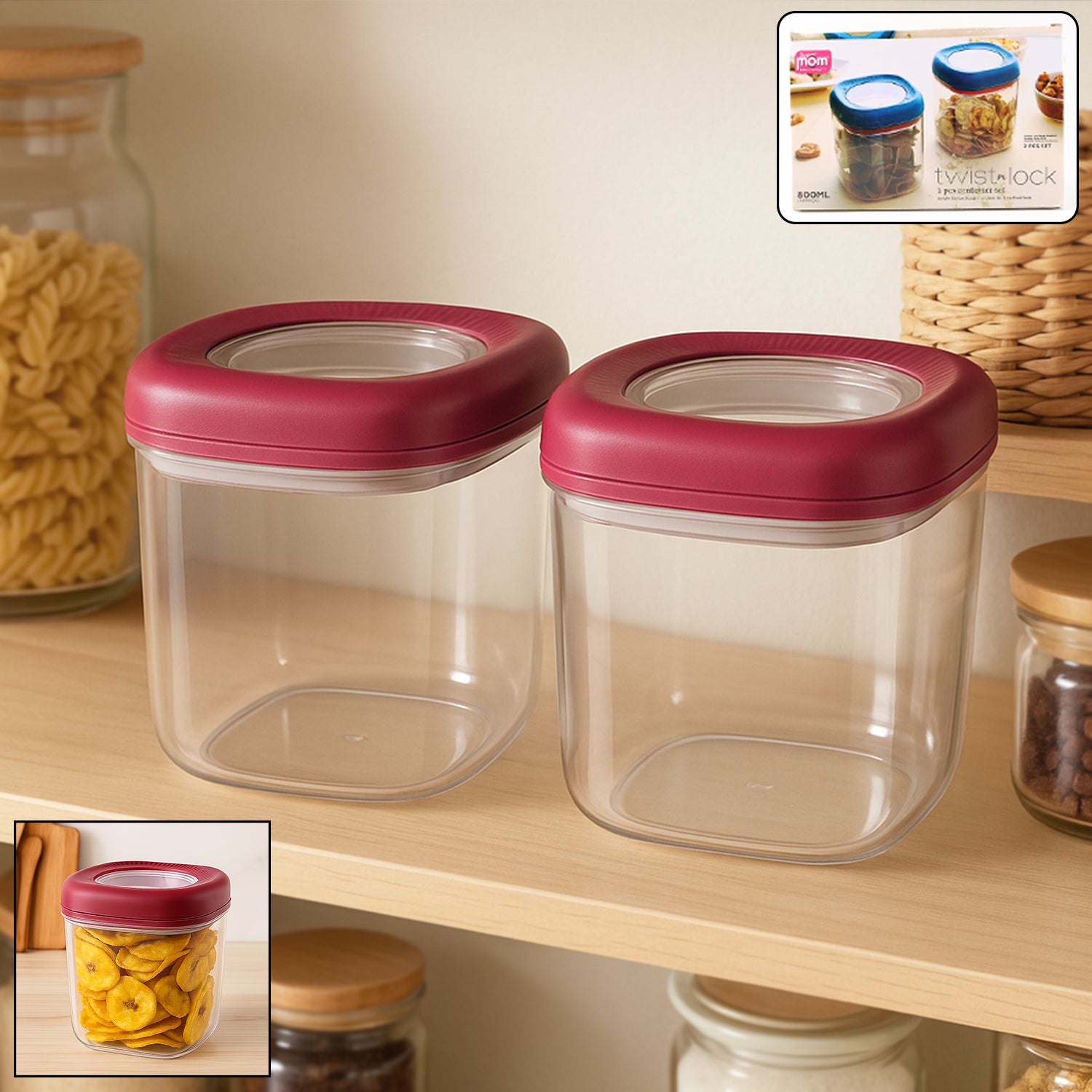 Transparent Twist Lock Kitchen Storage Container Set (Approx 800ml  2pc) - Zidbik