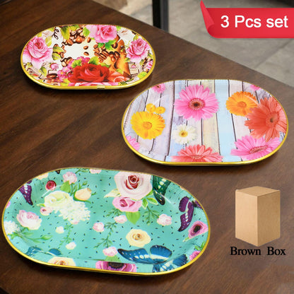 Plastic Flower Printed Design Serving Tray (3 Pcs Set  Mix Color) - Zidbik