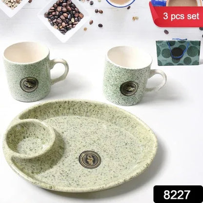 8227 Alpino Ceramic Tea Cups Set With Plastic Serving 2 Compartment Platter Milk Cup Mug Coffee Cup Tea Cup Bpa Free Food Grade Or Outdoor For Household Gift For Birthday (3 Pcs Set) - Zidbik