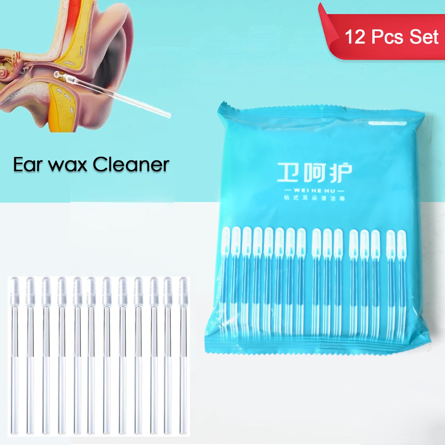 Ear Wax Cleaner Stick Silicone Reusable Sticky Ear Wax Removal Kit (12 Pcs Set) - Zidbik