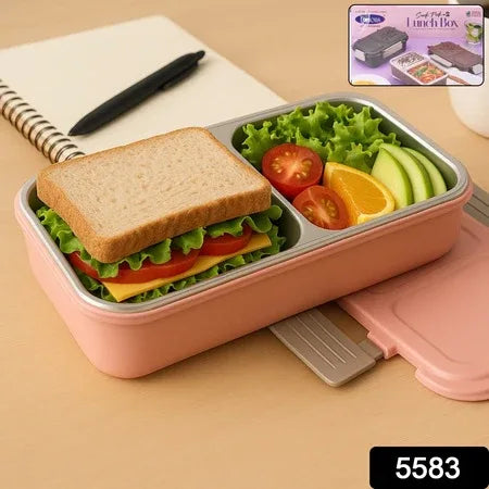 5583 Miracle Quick Lock Leak Proof 2 Compartment Stainless Steel Lunch Box Inner Plate Reusable Microwave Freezer Safe Lunch Box Trendy Thermal Insulation Leak Proof For Office Vacuum Tiffin Box For Boys Girls School Office Women And Men - Zidbik
