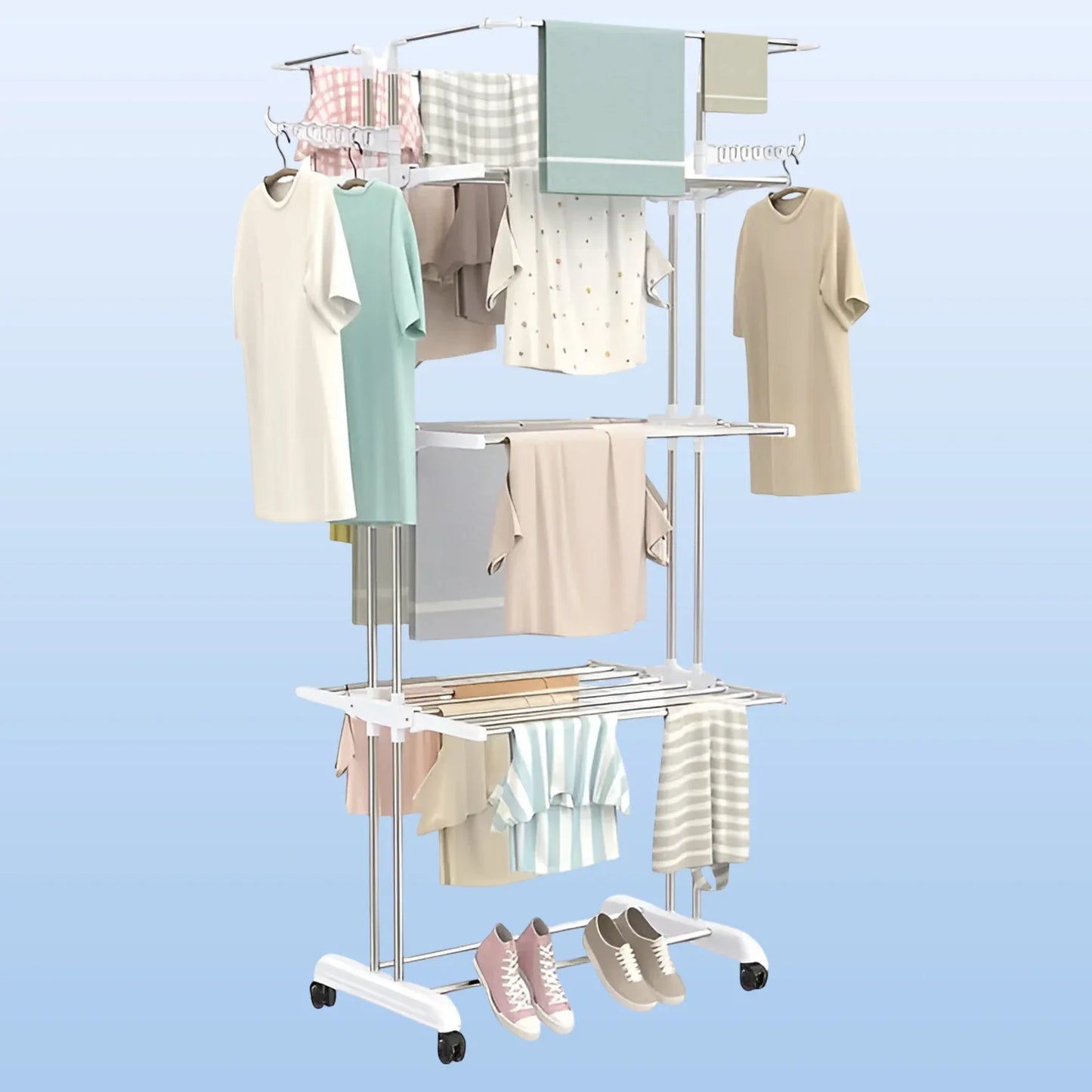 3-tier Foldable Stainless Steel Cloth Drying Stand With Wheels - Zidbik