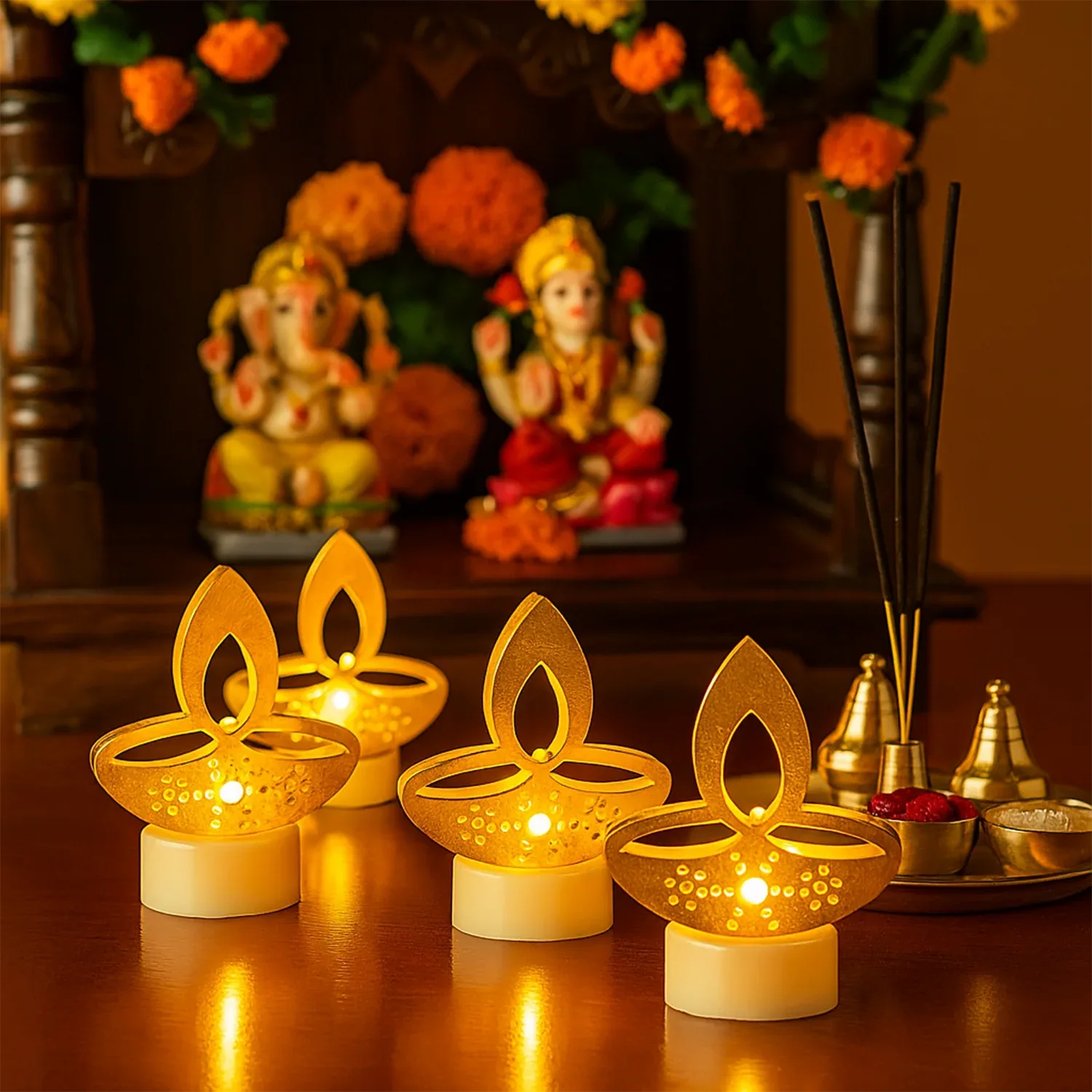Golden Diya Shaped Led Tealight Candles (6 Pc) - Zidbik