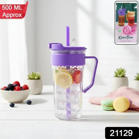 Kiddie Style Plastic Tumbler With Straw And Handle (500 Ml Approx) - Zidbik