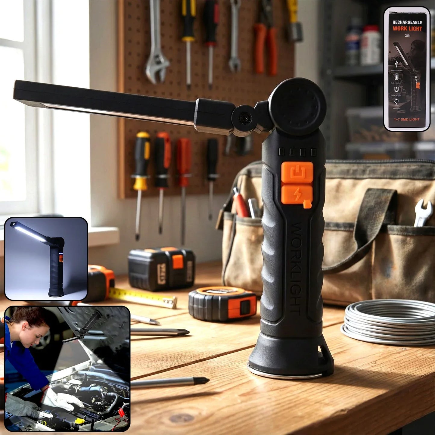 Compact Rechargeable Small Led Work Light With Adjustable Arm And Magnetic Base - Zidbik
