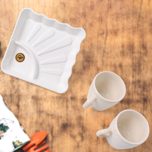 Cerntric Ceramic Tea Cup With Plastic Square Shape Serving Platter Milk Cup 3pc Set - Zidbik