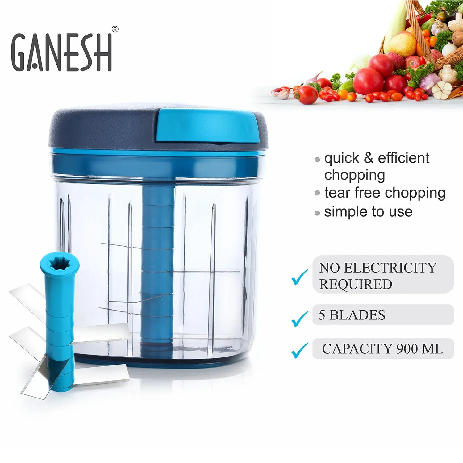 8107 Ganesh Master Chopper With 5 Stainless Steel Blades Xl Large Jumbo Chopper (900 Ml) - Zidbik