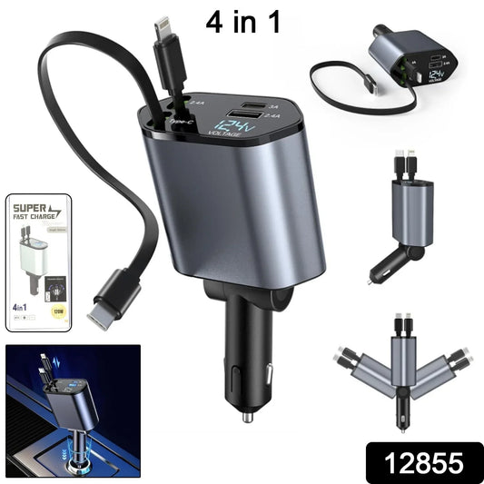 4-in-1 Super Fast Car Charger With Dual Built-in Cables Dual Usb Ports - Zidbik