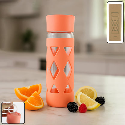 Glass Water Bottle With Protective Sleeve - (1 Pc  480 Ml) - Zidbik