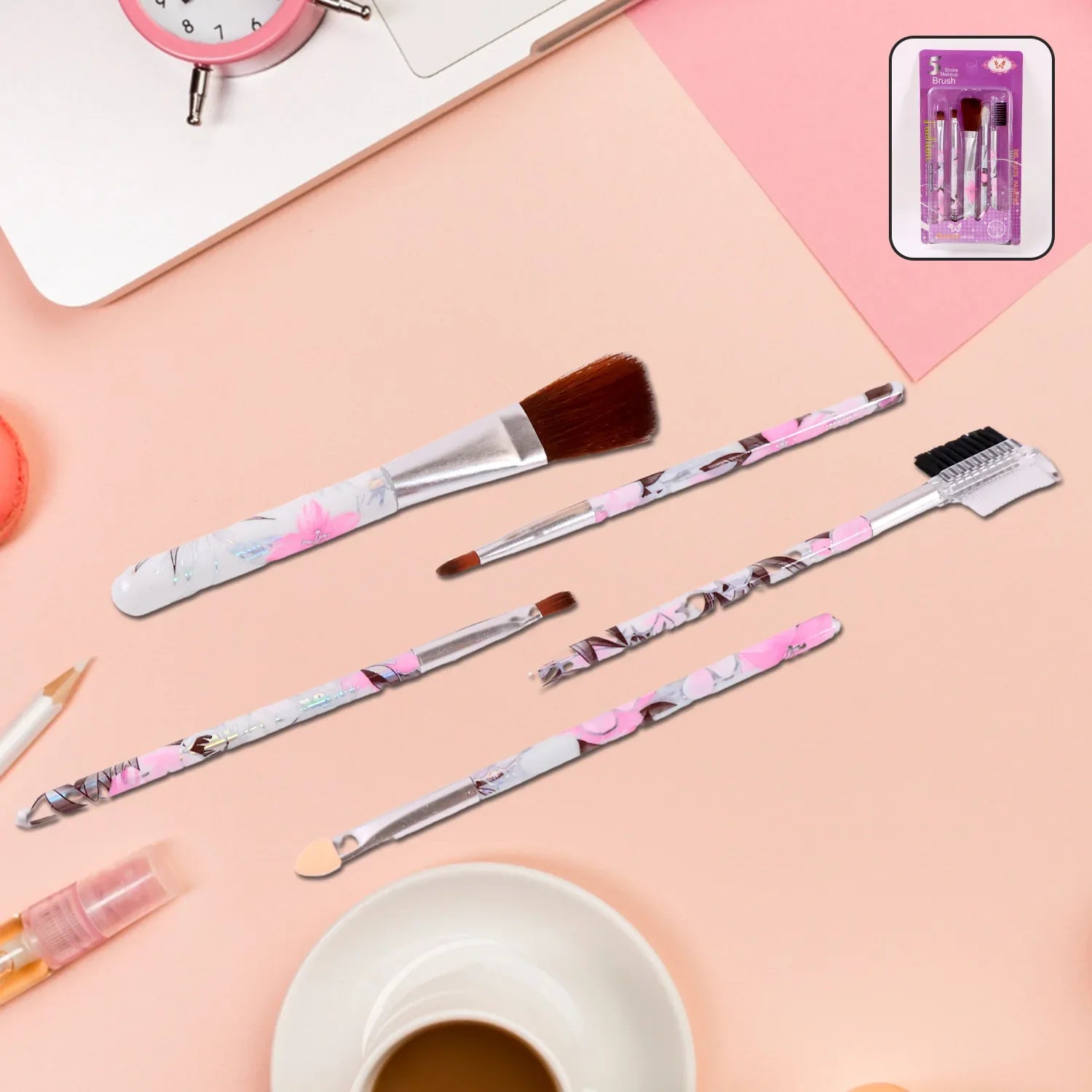 Floral Makeup Brush Set For Eyes Lips And Face (5 Pc) - Zidbik