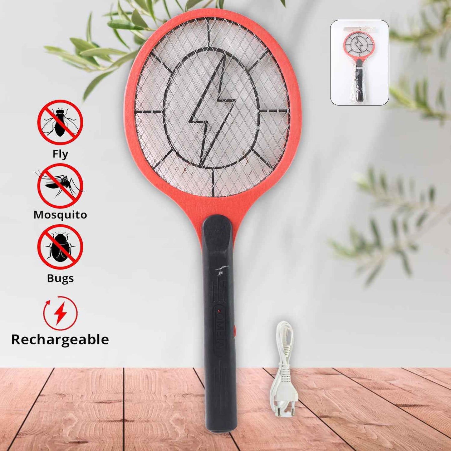 Red Rechargeable Electric Mosquito Killer Racket With Cable - Zidbik