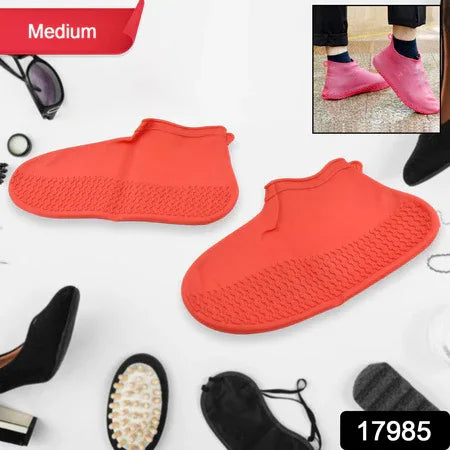 17985 Non-slip Silicone Rain Reusable Anti Skid Waterproof Fordable Boot Shoe Cover (Medium Size 1 Pair Red) - Zidbik