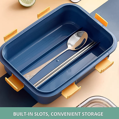 3 Compartment Transparent Stainless Steel Lunch Box With A Spoon And A Pair Of Chopsticks (1 Set) - Zidbik