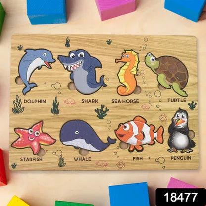 Seawater Animal Wooden Puzzle Learning Educational Board (1 Set) - Zidbik