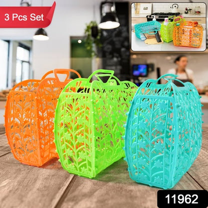 Plastic Foldable Basket Bag  Fruit  Vegetable Storage Basket (3 Pcs Set  Multicolor) - Zidbik