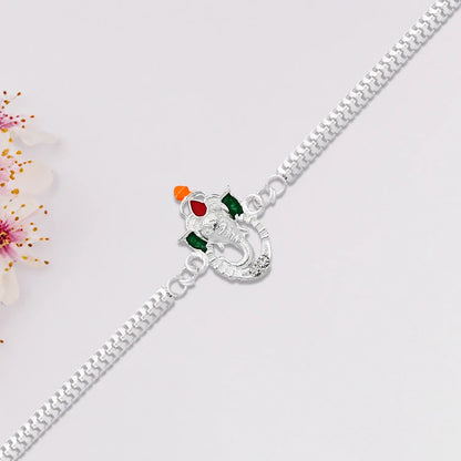 Stylish Ganesha Rakhi With Enamel Highlights And Silver Metal Chain - Zidbik