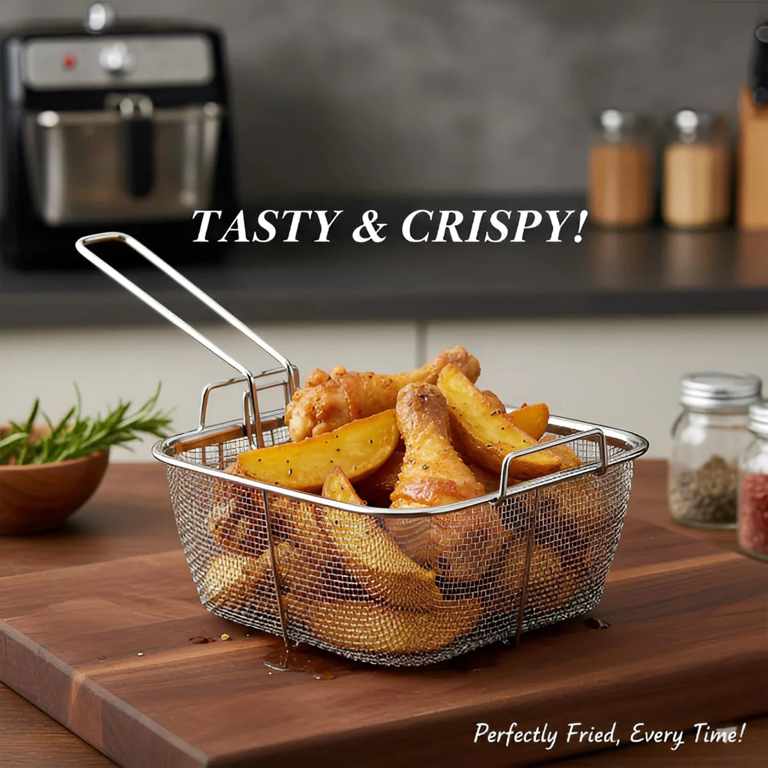 Stainless Steel Deep Fryer Basket With Long Handle (1 Pc) - Zidbik