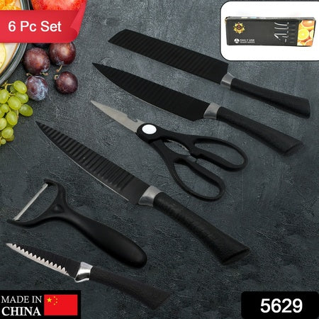 5629 6 Pieces Professional Kitchen Knife Set Meat Knife Chefs Knife With Non-slip Handle For Home Kitchen And Restaurant With Chef Peeler And Scissor (Stainless Steel  6 Pcs Set) - Zidbik