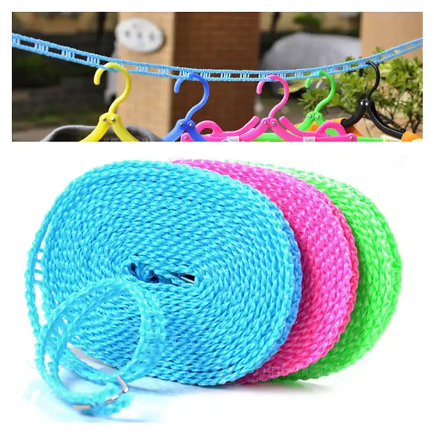 8861 3 Meters Windprood Anti-slip Clothes Washing Line Drying Nylon Rope With Hooks Durable Camping Clothesline Portable Clothes Drying Line Indoor Outdoor Laundry Storage For Travel Home Use (3 Mtr.) - Zidbik