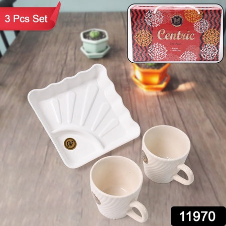 Cerntric Ceramic Tea Cup With Plastic Square Shape Serving Platter Milk Cup 3pc Set - Zidbik