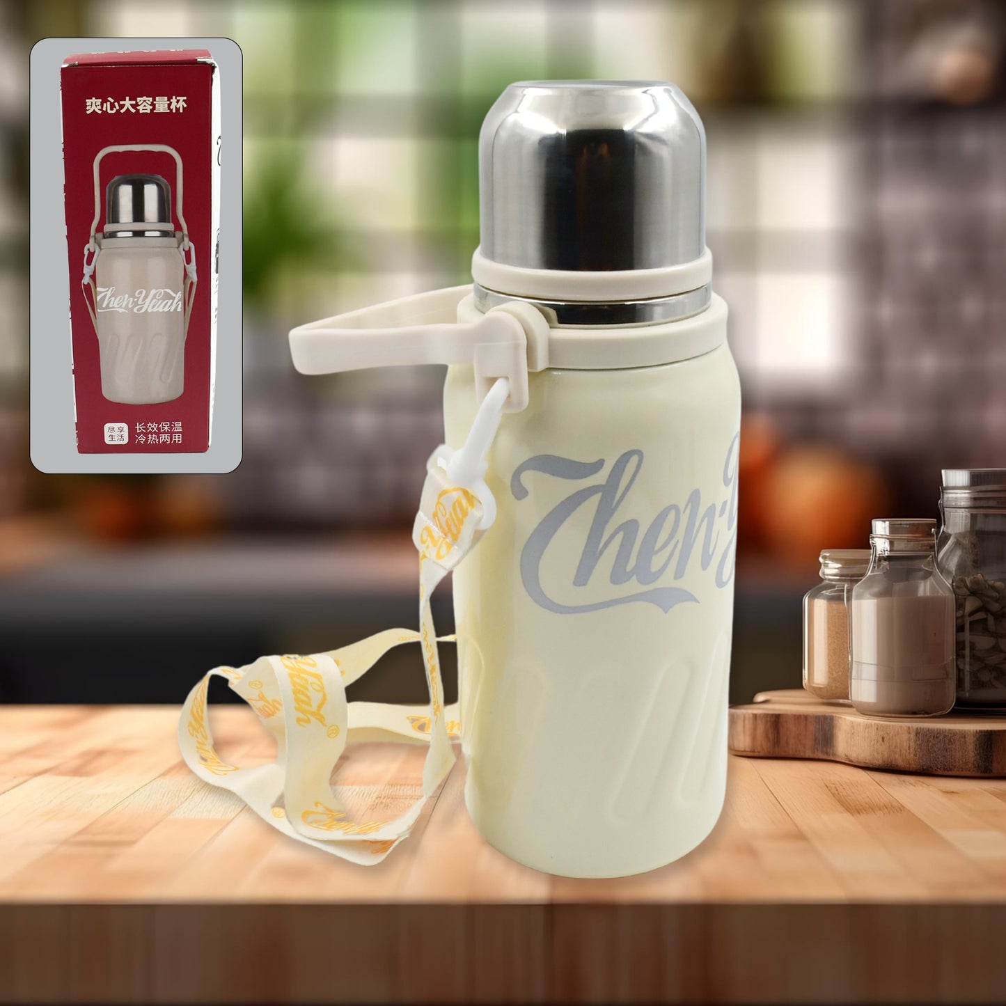 13040 Stainless Steel Vacuum Insulated Water Bottle  Leak Proof Flask For Tea Coffee  Reusable Water Bottle With Hanging Strap  Bottle For Hot  Cold Drinks Wide Mouth Water Flask (900 Ml) - Zidbik