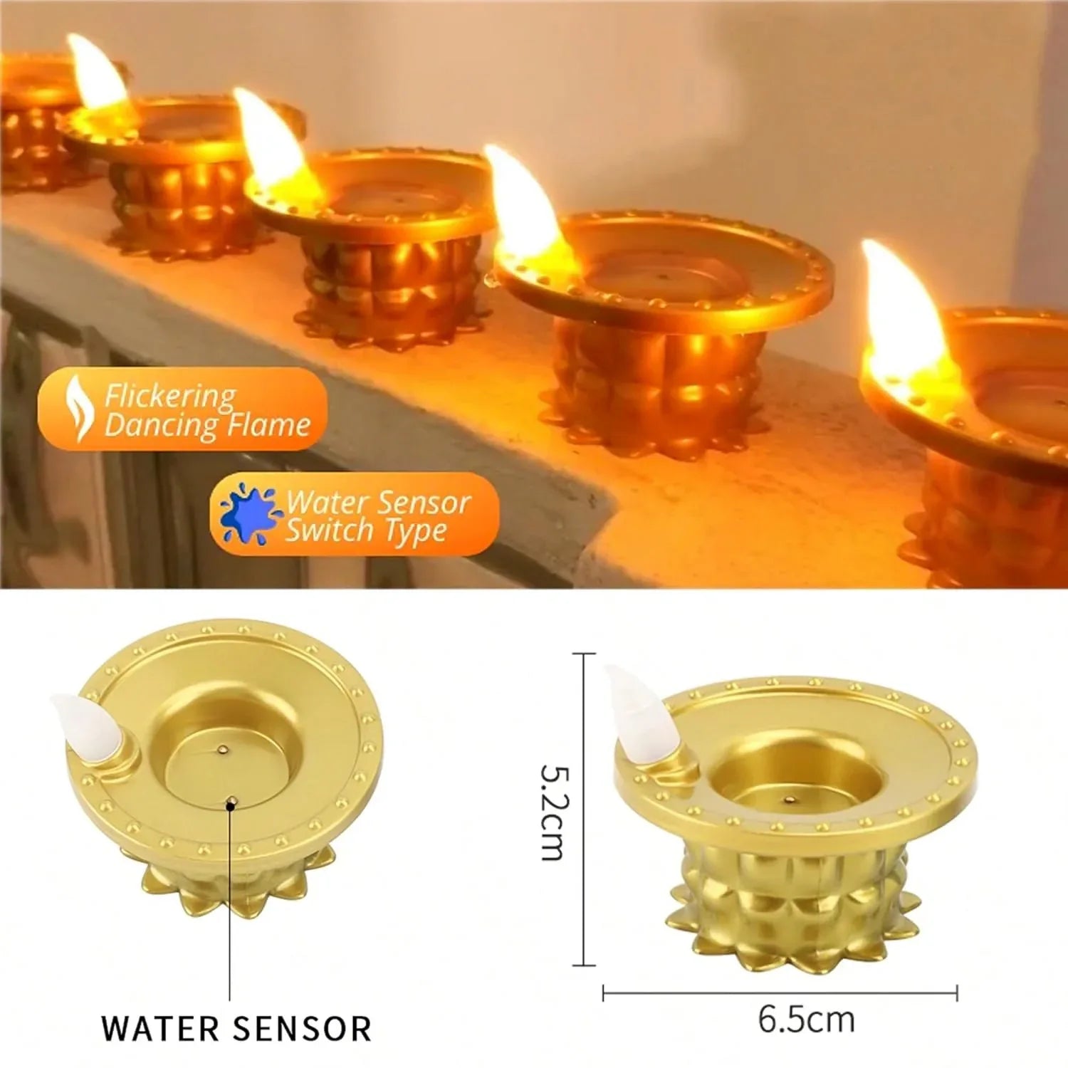 Set Of 3 Water Sensor Led Golden Diyas - Zidbik