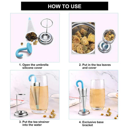 Reusable Cute Umbrella Tea Strainer With Tray  Stand (1 Pc) - Zidbik