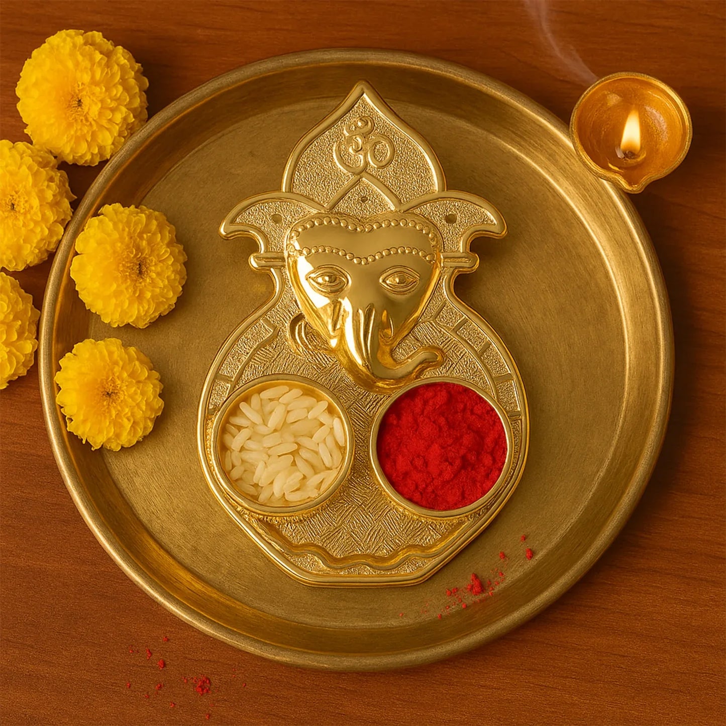 Traditional Golden Lord Ganesha Kumkum Dish (1 Pc) - Zidbik