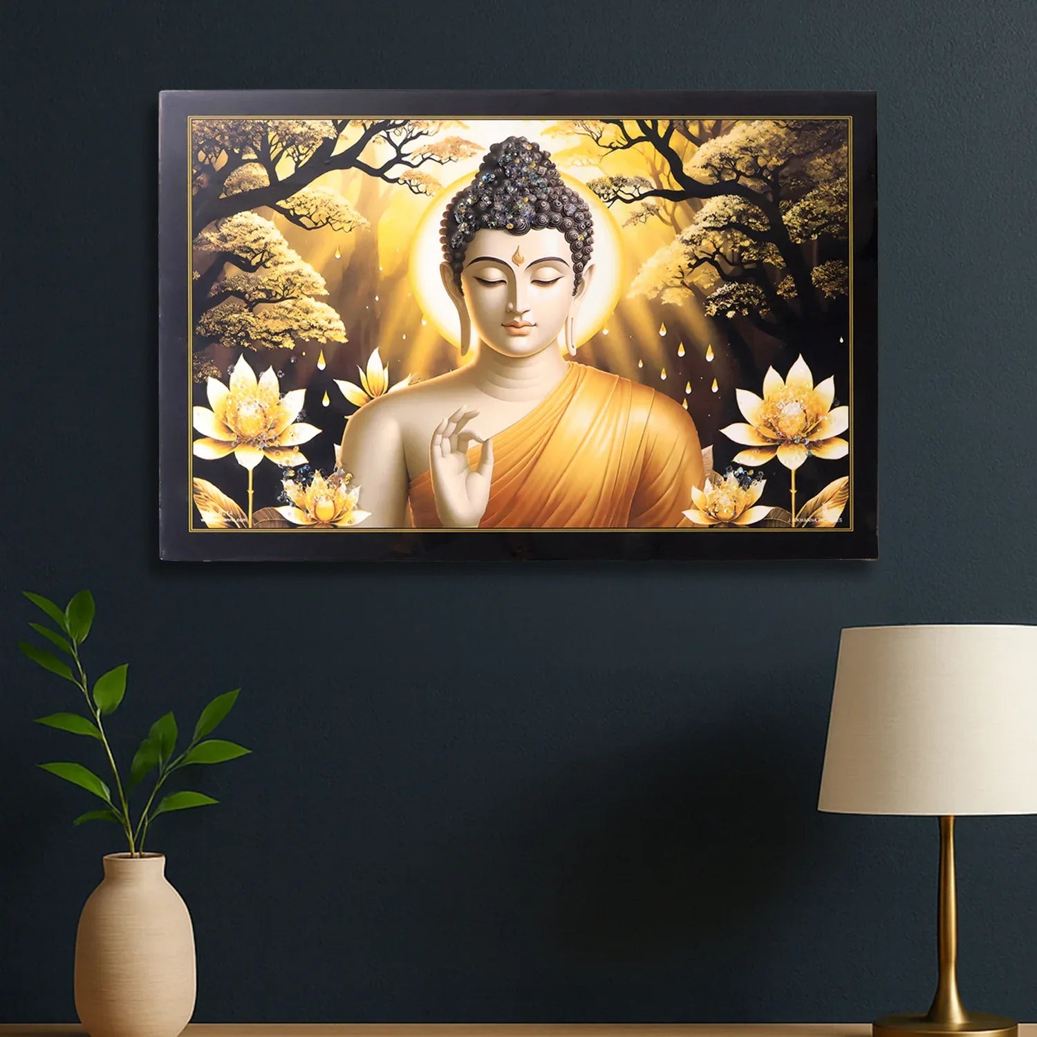 Decorative Lord Buddha Wall Painting With Wooden Frame Mix Design 45x30 Cm Approx (1 Pc) - Zidbik