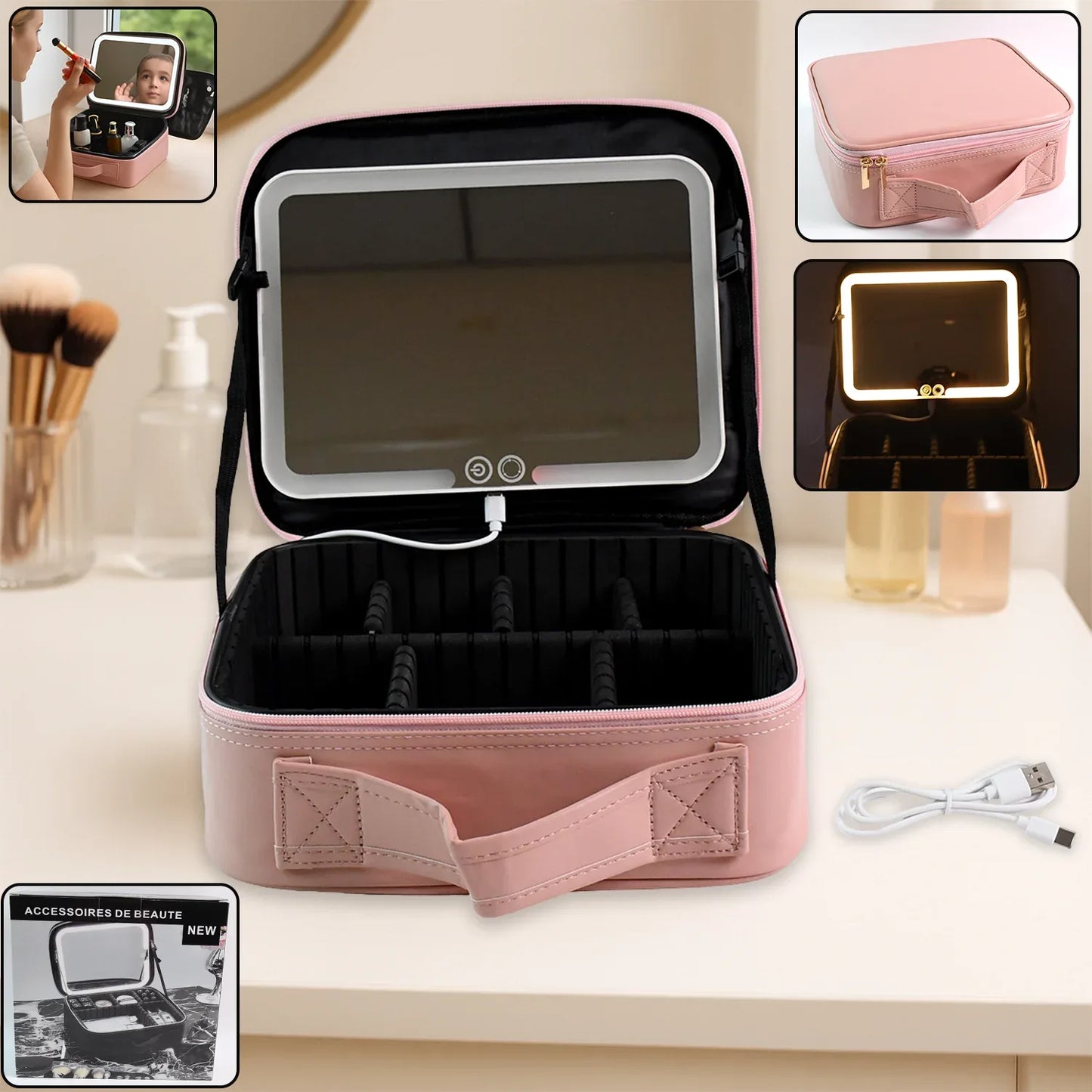 Pink Premium Led Light Makeup Organizer Box (1 Pc) - Zidbik