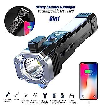 1524 Portable 3w Rechargeable Torch Led Flashlight Long Distance Beam Range Hammer And Strong Magnets Window Glass And Seat Belt Cutter 4 Modes For Car Camping Hiking Indoor Outdoor - Zidbik