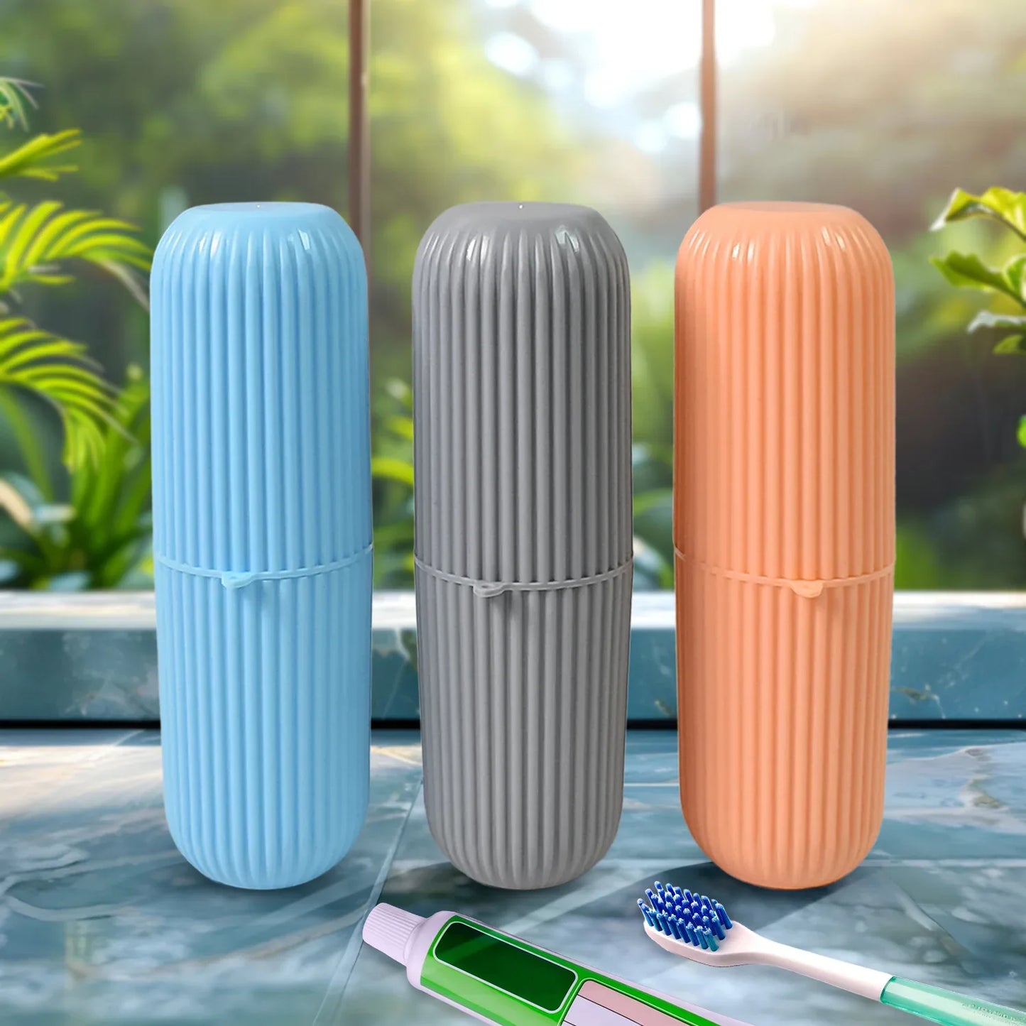 Capsule Shape Travel Toothbrush Toothpaste Case Holder (Multicolor 3 Pcs Set) - Zidbik