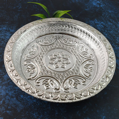 Traditional Silver Finish Plastic Pooja Thali (1 Pc) - Zidbik
