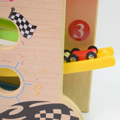 Wooden Ramp Racer Race Track Vehicle Play Sets With 4 Mini Racers (With Handle) - Zidbik