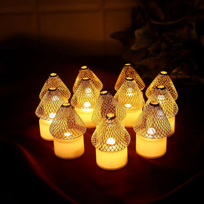 Set Of 12 Decorative Led Flameless Candle Lights With Golden Net Cover - Zidbik