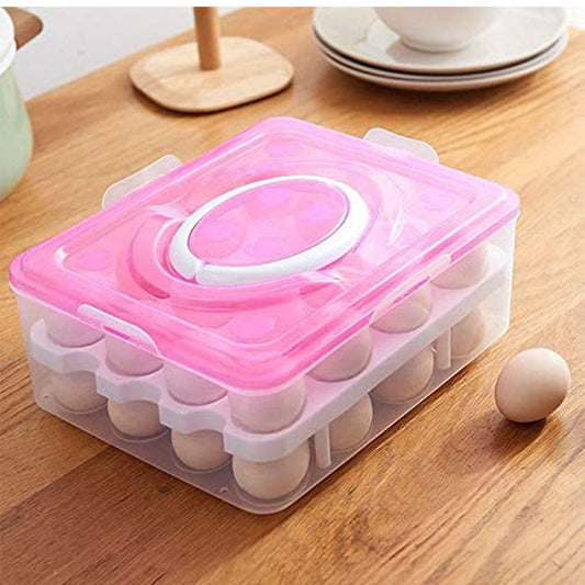 5725 2layer 32 Grid Egg Tray With Lid Egg Carrier Holder For Refrigerator Camping Food Storage Container With Handle (1 Pc ) - Zidbik