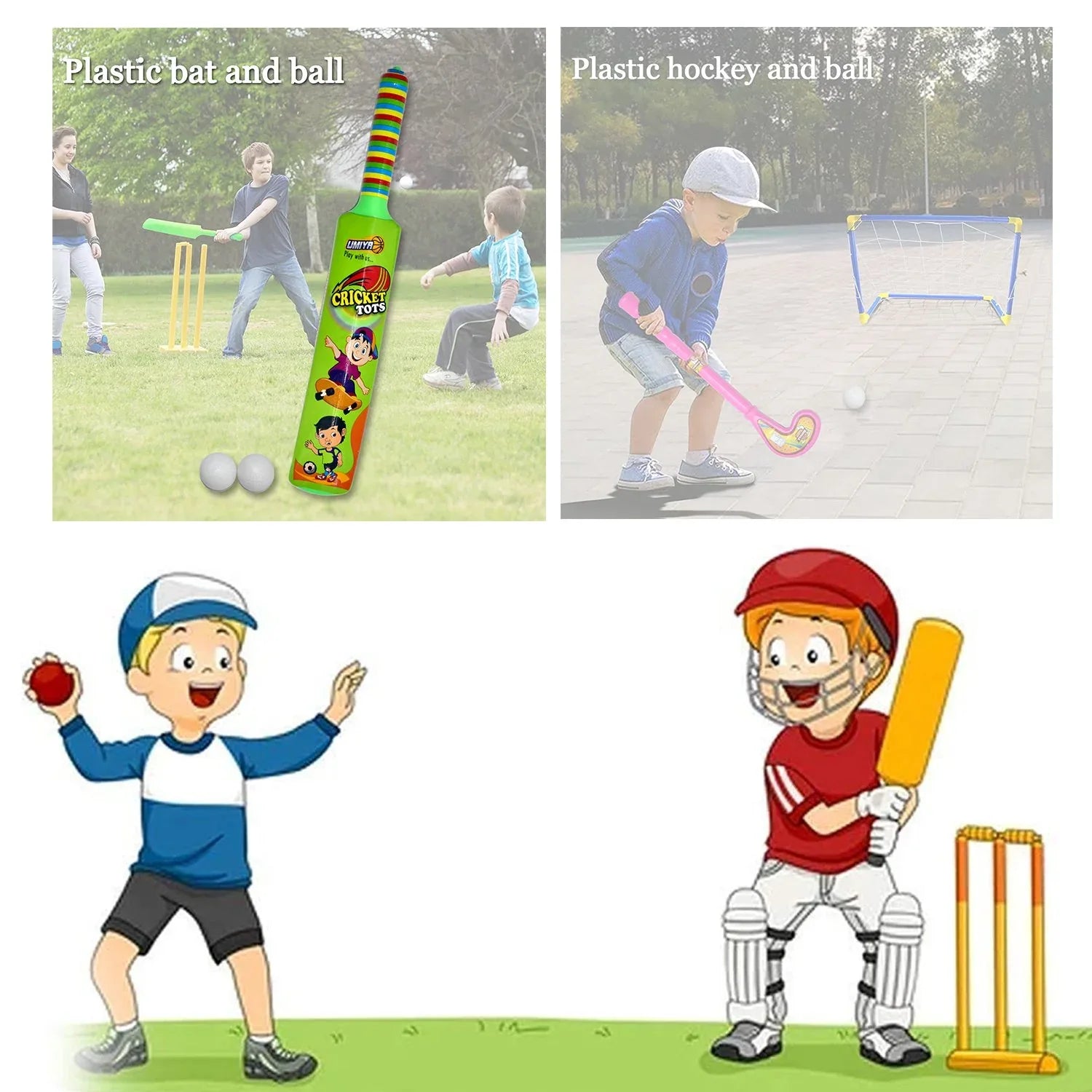 8002 Combo Of Light Weight Plastic Bat Ball Hockey For Kids Boys Indoor Outdoor Play - Zidbik