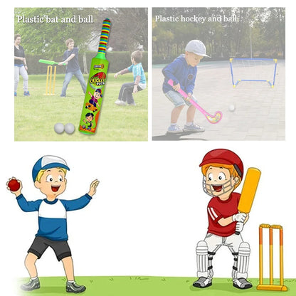 8002 Combo Of Light Weight Plastic Bat Ball Hockey For Kids Boys Indoor Outdoor Play - Zidbik