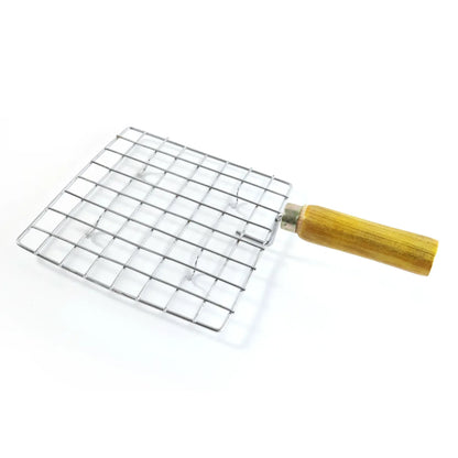 2086 Kitchen Square Stainless Steel Roaster Papad Jali Barbecue Grill With Wooden Handle - Zidbik