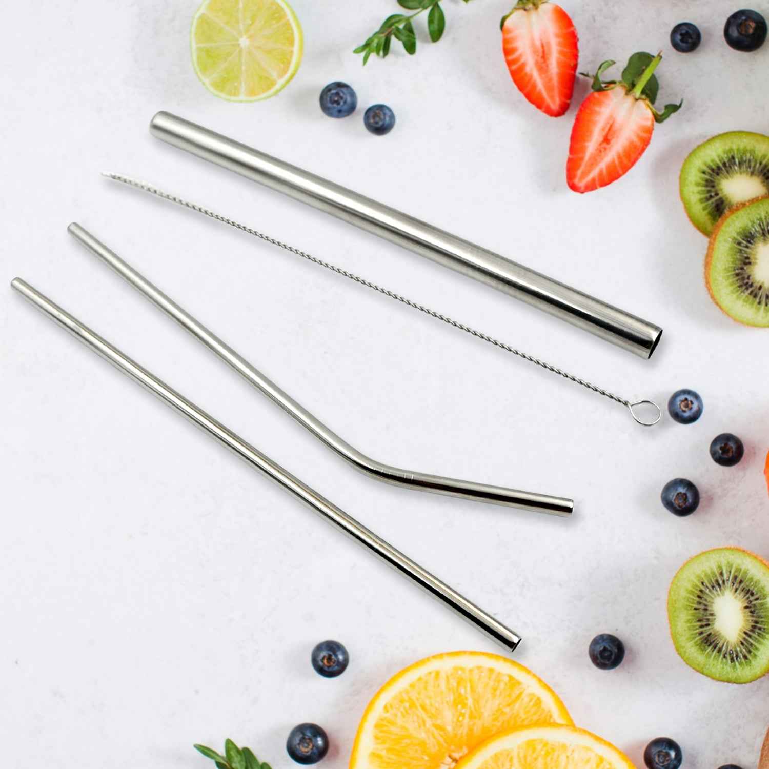 0600 Reusable Stainless Steel Straws With Travel Case Cleaning Brush Eco Friendly Extra Long Metal Straws Drinking Set Of 4 (2 Straight Straws 1 Bent Straws 1 Brush) - Zidbik